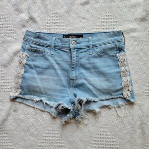 Hollister  Light Wash Raw Hem Lace Trimmed Jean Shorts